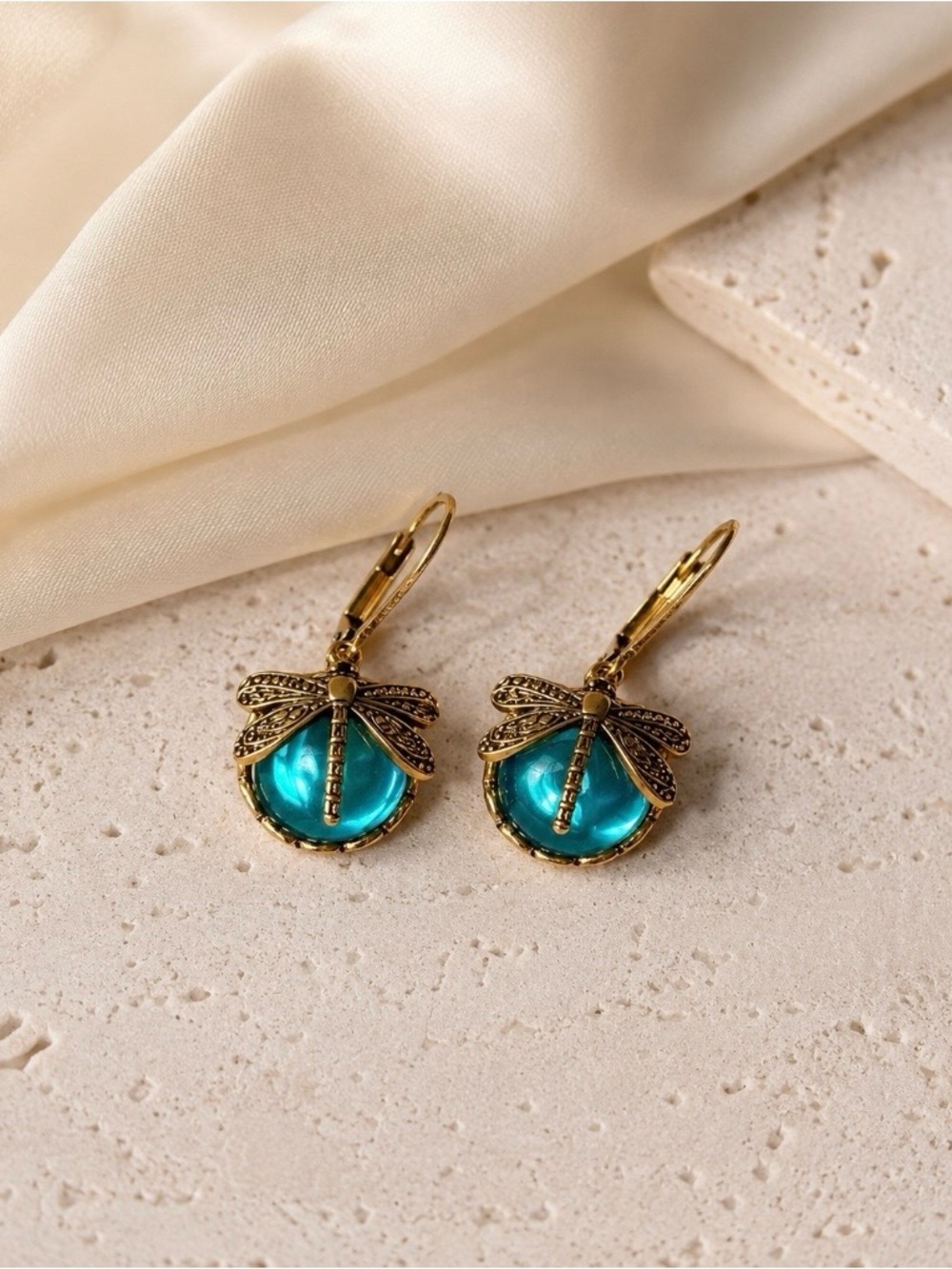 NEW! Vintage Dragonfly Drop Earrings with Teal Cabochon A2-74